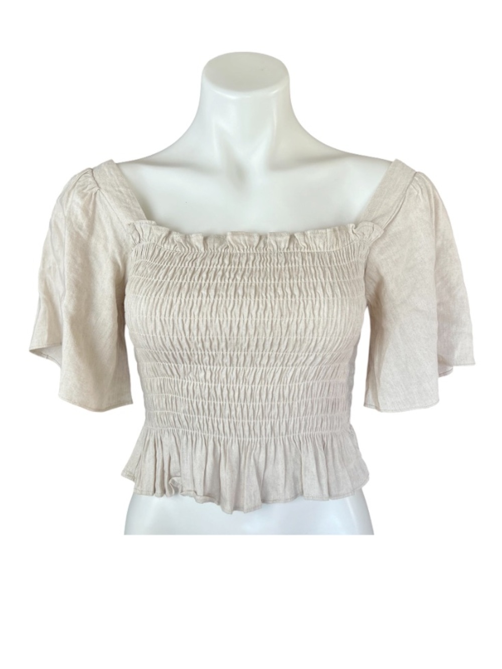 Lulus Smocked Linen Blend Oatmeal Milkmaid Coquette Cottagecore Style Crop Top